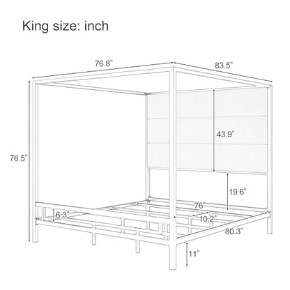 King Canopy Bed with Tall Linen Headboard and Gold Metal Frame - Tan & Gold, King Size