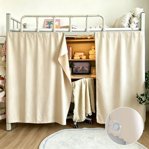 Magnetic Bunk Bed Curtains for Bottom Frame - Beige Privacy Canopy