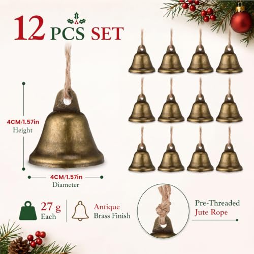 Vintage Christmas Jingle Bell Ornaments with Jute Rope - Set of 12