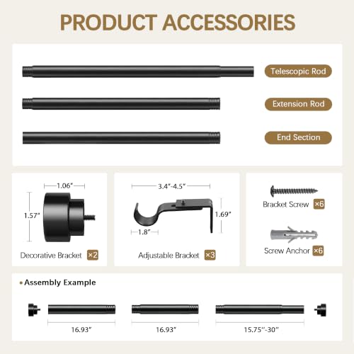 Black Adjustable Curtain Rods for Windows 32-144 Inches Heavy Duty 1-Inch Diameter