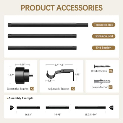 Black Adjustable Curtain Rods for Windows 32-144 Inches Heavy Duty 1-Inch Diameter