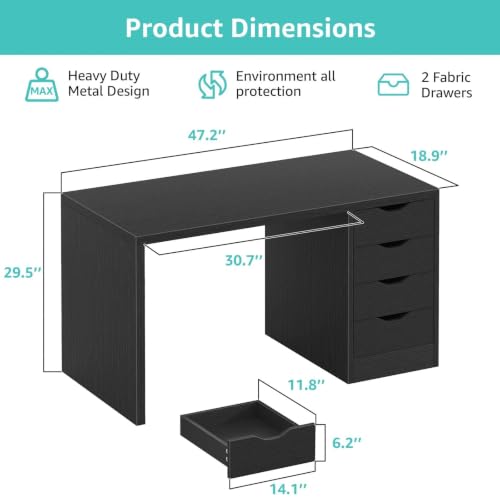 Computer Desk with Drawers – 47 Inch Black Wood Workstation for Home Office