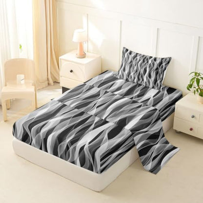 Kids Twin Sheet Set - Grey White Black Gradient Abstract Wavy Ribbon Design