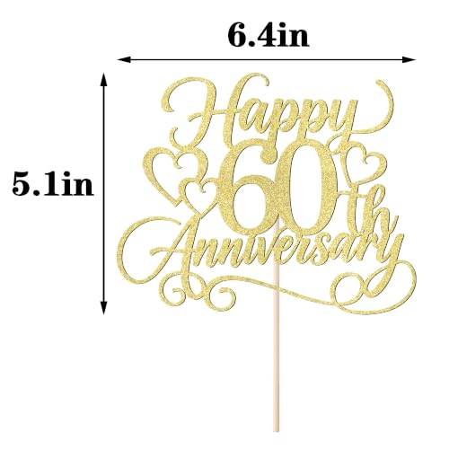 Happy 60th Anniversary Cake Topper Glitter Celebration Decoration - Gold