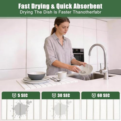 White Large Stone Drying Mat for Kitchen Counter 24x16 Foldable & Absorbent