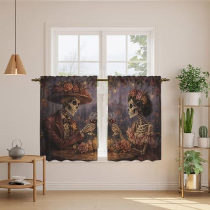Halloween Tier Curtains Set - Skeleton Couple with Roses, Light Filtering, 27.5W x 45L, Black Burgundy Gold Variations