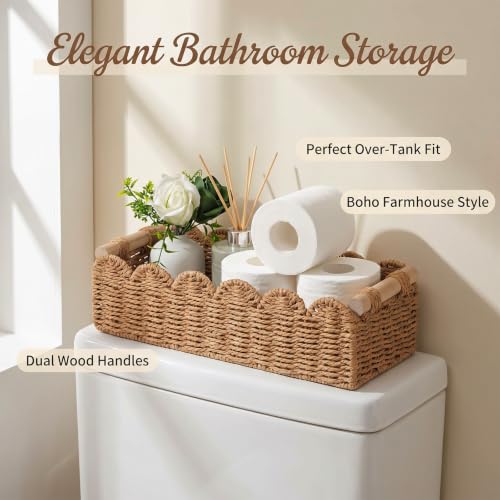 Scalloped Wicker Toilet Paper Storage Basket with Handles - Bathroom Organizer