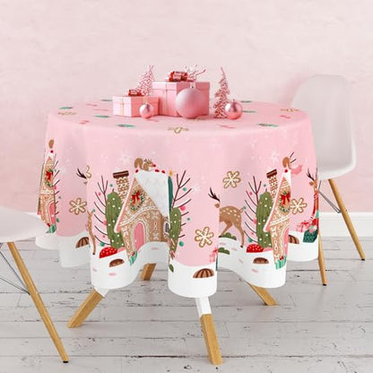 Pink Christmas Round Tablecloth 60x60 Inch Gingerbread House Reindeer Decoration
