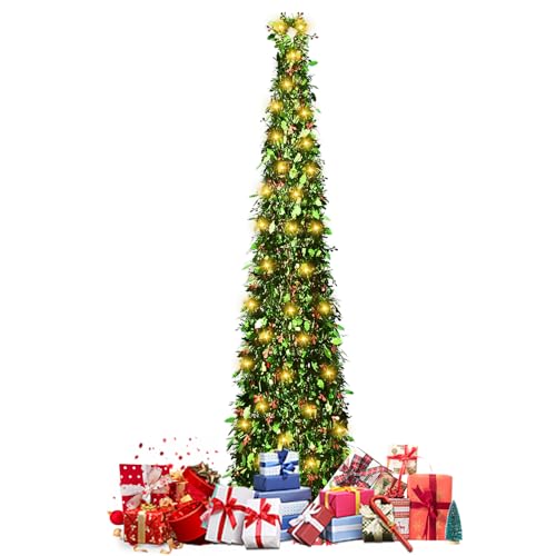 Collapsible 5ft Artificial Christmas Tree with LED String Lights - Red-Berry & Harry-Leaf Variation