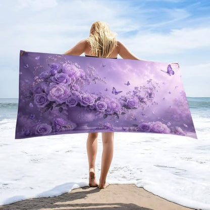 Lavender Blooms and Fluttering Butterflies Oversized Beach Towel 63x31.5 Inches - Soft Absorbent Travel-Ready Bath Towel