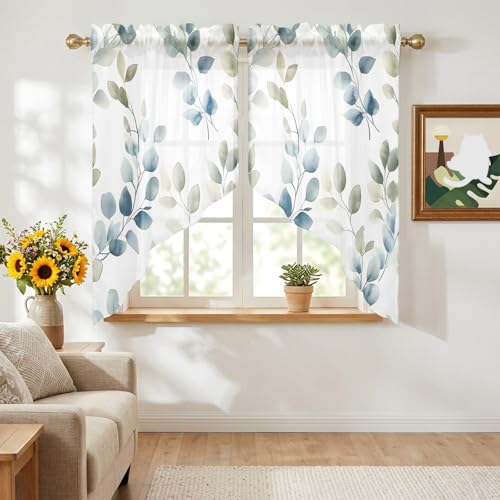 Blue Botanical Swag Curtains Set - 2 Panels 28x36 Inches, Summer Semi-Sheer Valance for Kitchen & Living Room - Variation: Blue / 28"W x 36"L