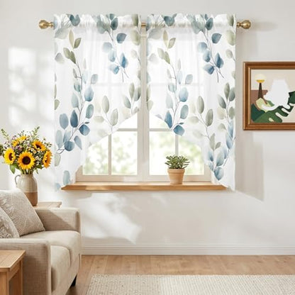Blue Botanical Swag Curtains Set - 2 Panels 28x36 Inches, Summer Semi-Sheer Valance for Kitchen & Living Room - Variation: Blue / 28"W x 36"L