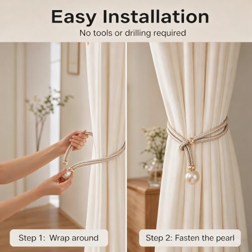 GhHome Pearl Curtain Tiebacks Set of 4 - Beige Rope Holders No Drilling