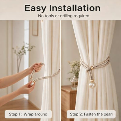 GhHome Pearl Curtain Tiebacks Set of 4 - Beige Rope Holders No Drilling