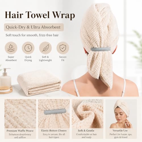 Hair Towel Wrap for Women - Microfiber Waffle Weave, Quick Dry, Cream