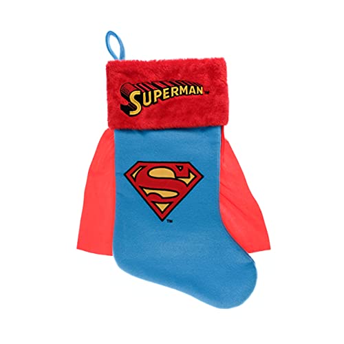 Superman Logo Christmas Stocking 20 Inch Applique Holiday Decor Blue with Cape - Gift Holder