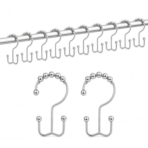 Double Shower Curtain Hooks Set of 12, Rust Proof Metal Roller Ball Rings, Nickel Finish