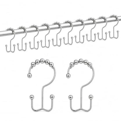 Double Shower Curtain Hooks Set of 12, Rust Proof Metal Roller Ball Rings, Nickel Finish