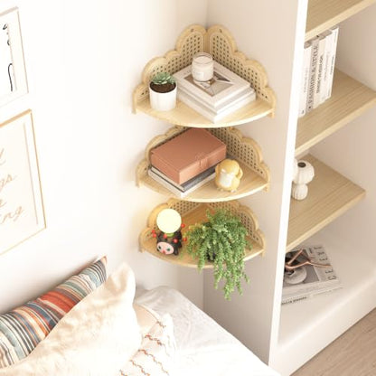 Rattan Corner Floating Shelves Set of 3 - Natural Boho Wall Storage