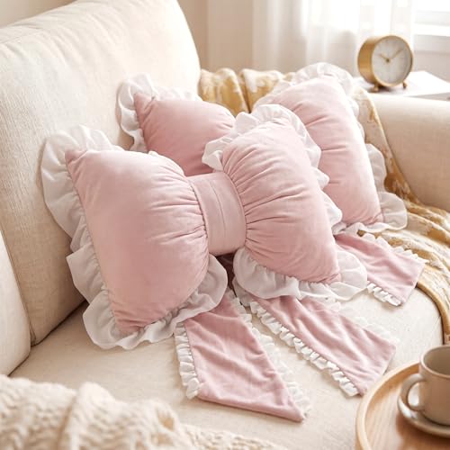 Pink Bow Pillow Set - Ruffled Dutch Velvet Decorative Cushions for Girls Room