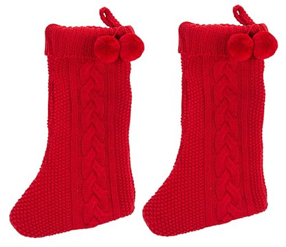 Set of 2 Red Knit Christmas Stockings with Pom-Poms - 19 Inch Holiday Decor