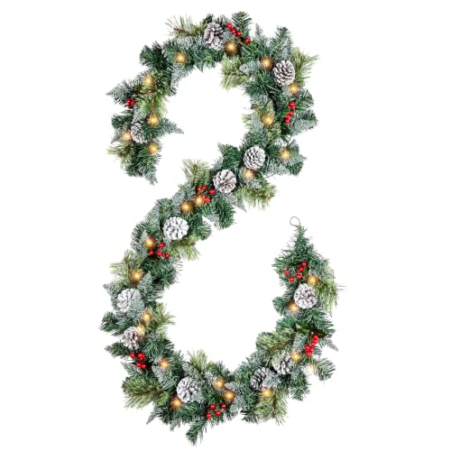 9ft Flocked Artificial Christmas Garland with Lights, Pre-Lit Snow-Frosted Decor