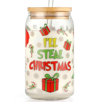 Christmas 16oz Glass Can Mug with Lid & Straw - Holiday Coffee Cup