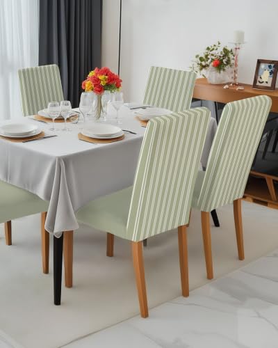 Stretch Dining Chair Covers Set of 4 - Sage Green Stripe Spandex Slipcovers