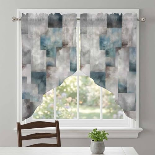 Slate Gray Geometric Swag Curtains 36 Inch Length 2 Panels Set - Semi-Sheer Window Drapes for Kitchen Living Room Bedroom
