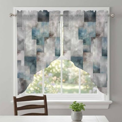 Slate Gray Geometric Swag Curtains 36 Inch Length 2 Panels Set - Semi-Sheer Window Drapes for Kitchen Living Room Bedroom
