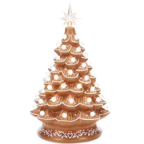 15in Ceramic Christmas Tree with White Bulbs & Star Toppers - Gingerbread Variation