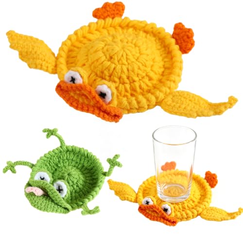 2PCS Crochet Coaster Set - Frogs and Ducks 3D Woven Drink Mats - Funny Home Decor