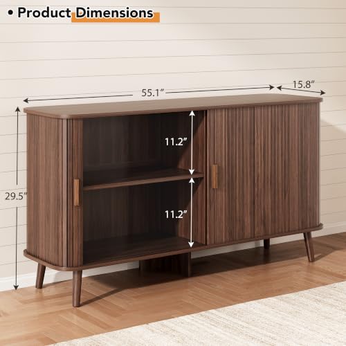 55-Inch Walnut Fluted Sideboard Buffet Cabinet with Sliding Door - Mid-Century Modern Storage