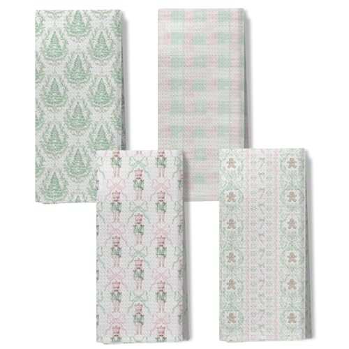 Kemingni Pink and Green Christmas Kitchen Towels Set of 4 - Holiday Hand Towels with Nutcracker & Gingerbread Design, 16x24 Inches, Color 05