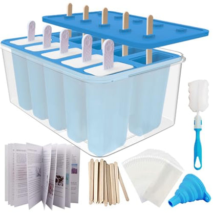 Miaowoof Homemade Popsicle Molds, Silicone Ice Popsicle Maker Non-BPA, with 50 Sticks, 50 Bags, 10 Reusable Sticks, Funnel, Brush, Popsicle Storage Container and Ice Pop Recipes