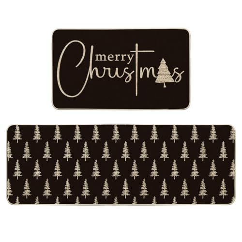 Christmas Tree Kitchen Mats Set of 2 - Black Xmas Tree Holiday Decor, 17x29 & 17x47 Inches