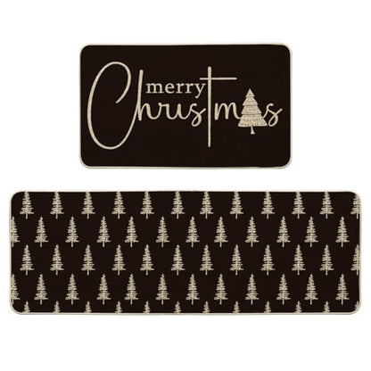 Christmas Tree Kitchen Mats Set of 2 - Black Xmas Tree Holiday Decor, 17x29 & 17x47 Inches