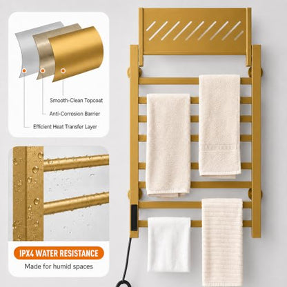 Smart Gold Heated Towel Rack with Shelf - 8 Bars, Bathroom Decor