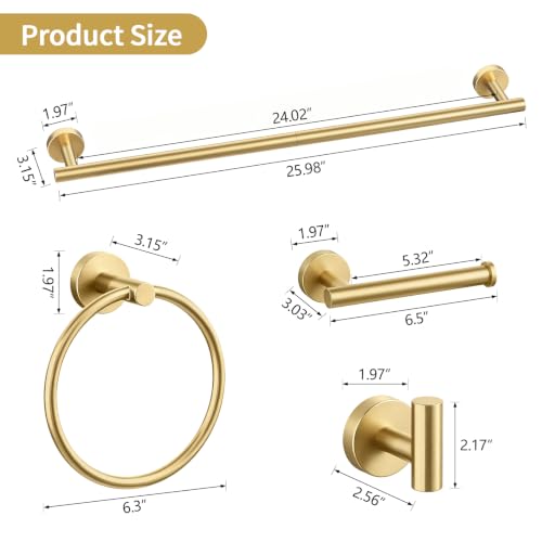 Brushed Gold Bathroom Accessories Set - 24 Inch Towel Bar, Toilet Paper Holder & Rings - Set A