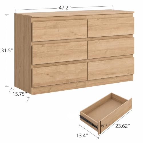 6-Drawer Dresser with Natural Oak Finish, Handle-Less Modern Bedroom Chest