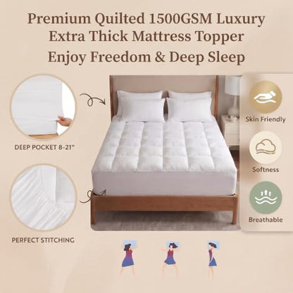 Queen Quilted 1500GSM Luxe Mattress Topper - Plush Cooling Support