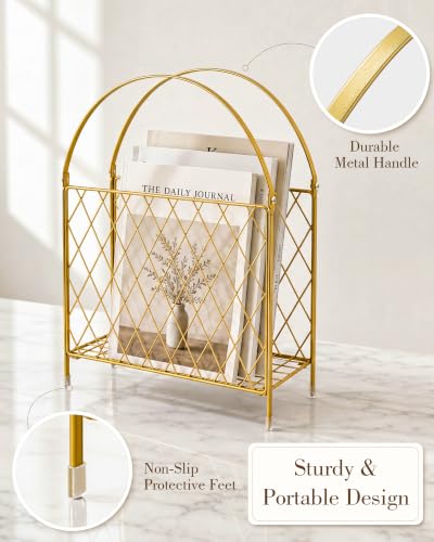 Gold Metal Magazine Holder & Storage Basket - Modern Home Organizer