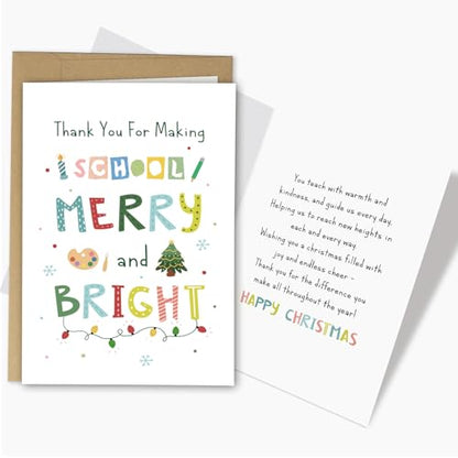 Christmas Thank You Card for Teacher - Teacher Appreciation Holiday Card with Envelope - Variation 224