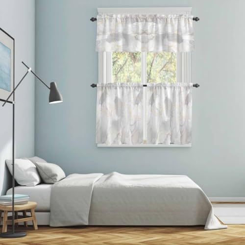 Grey Kitchen Tier and Valance Set 3 Piece - Natural White & Gold Stripe, 54x18in + 27.5x24in, Semi Sheer Window Curtains