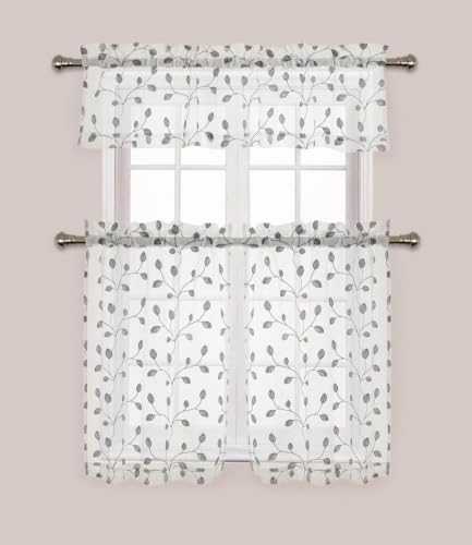 Silver 3-Piece Sheer Kitchen Curtain Set with Embroidered Leaves - 58" W x 36" L, Variation of Silver / 58W x 36L