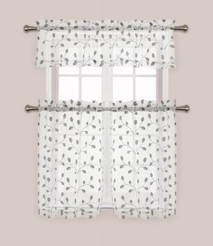 Silver 3-Piece Sheer Kitchen Curtain Set with Embroidered Leaves - 58" W x 36" L, Variation of Silver / 58W x 36L