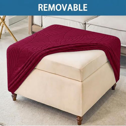 Beige Waterproof Square Ottoman Cover Stretch Jacquard Footstool Slipcover 39x39in