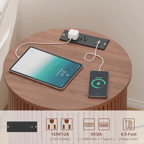 Fluted End Table with Lockable Charging Station, Walnut – 2-Drawer/2 Sockets & USB, Wheels