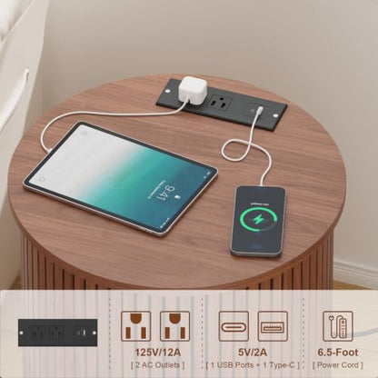 Fluted End Table with Lockable Charging Station, Walnut – 2-Drawer/2 Sockets & USB, Wheels