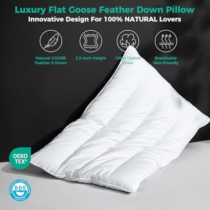 Solid White Goose Feather Pillow 2.5 Inch Thin Support Bed Pillow - 1 Pack